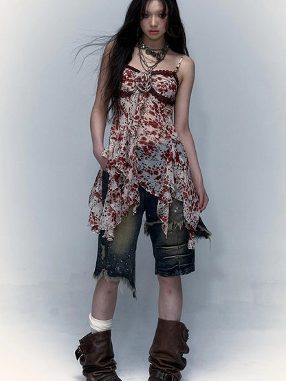 Vintage Y2K Floral Leopard Print Asymmetrical Dress