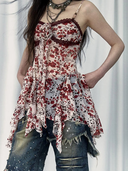 Vintage Y2K Floral Leopard Print Asymmetrical Dress