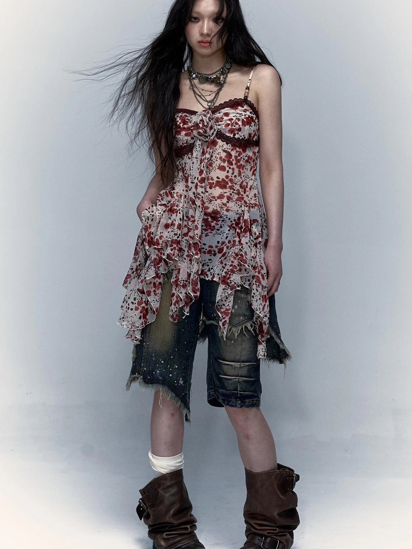 Vintage Y2K Floral Leopard Print Asymmetrical Dress