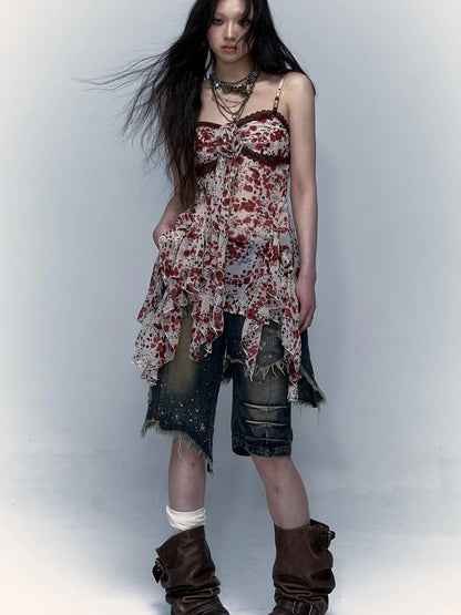 Vintage Y2K Floral Leopard Print Asymmetrical Dress