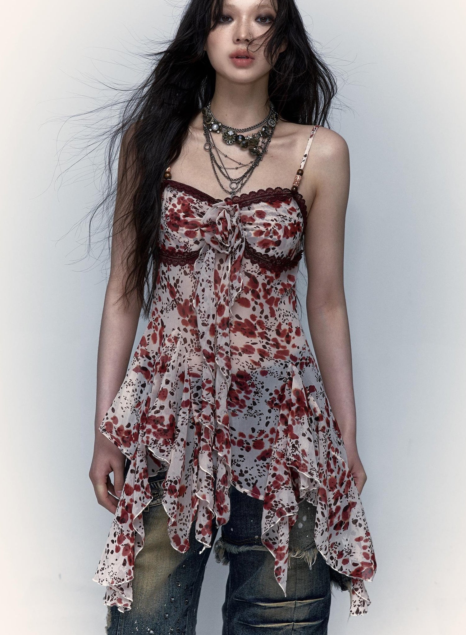 Vintage Y2K Floral Leopard Print Asymmetrical Dress