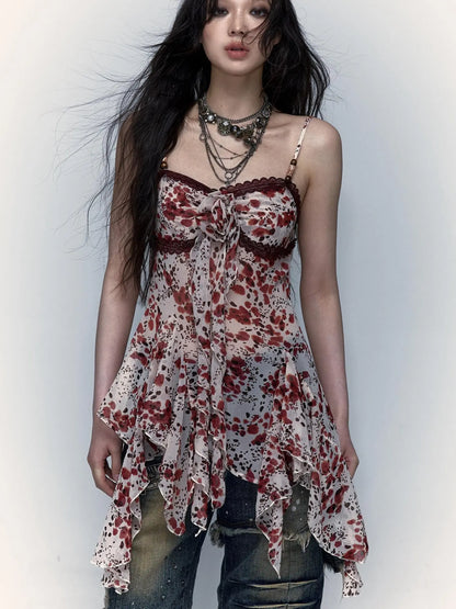 Vintage Y2K Floral Leopard Print Asymmetrical Dress