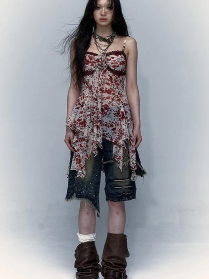 Vintage Y2K Floral Leopard Print Asymmetrical Dress