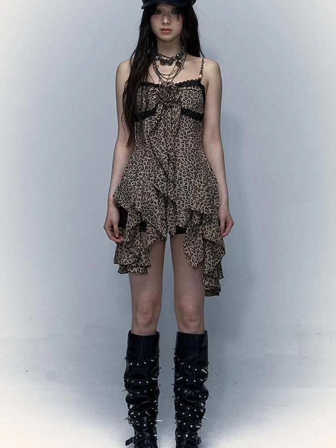 Vintage Y2K Floral Leopard Print Asymmetrical Dress