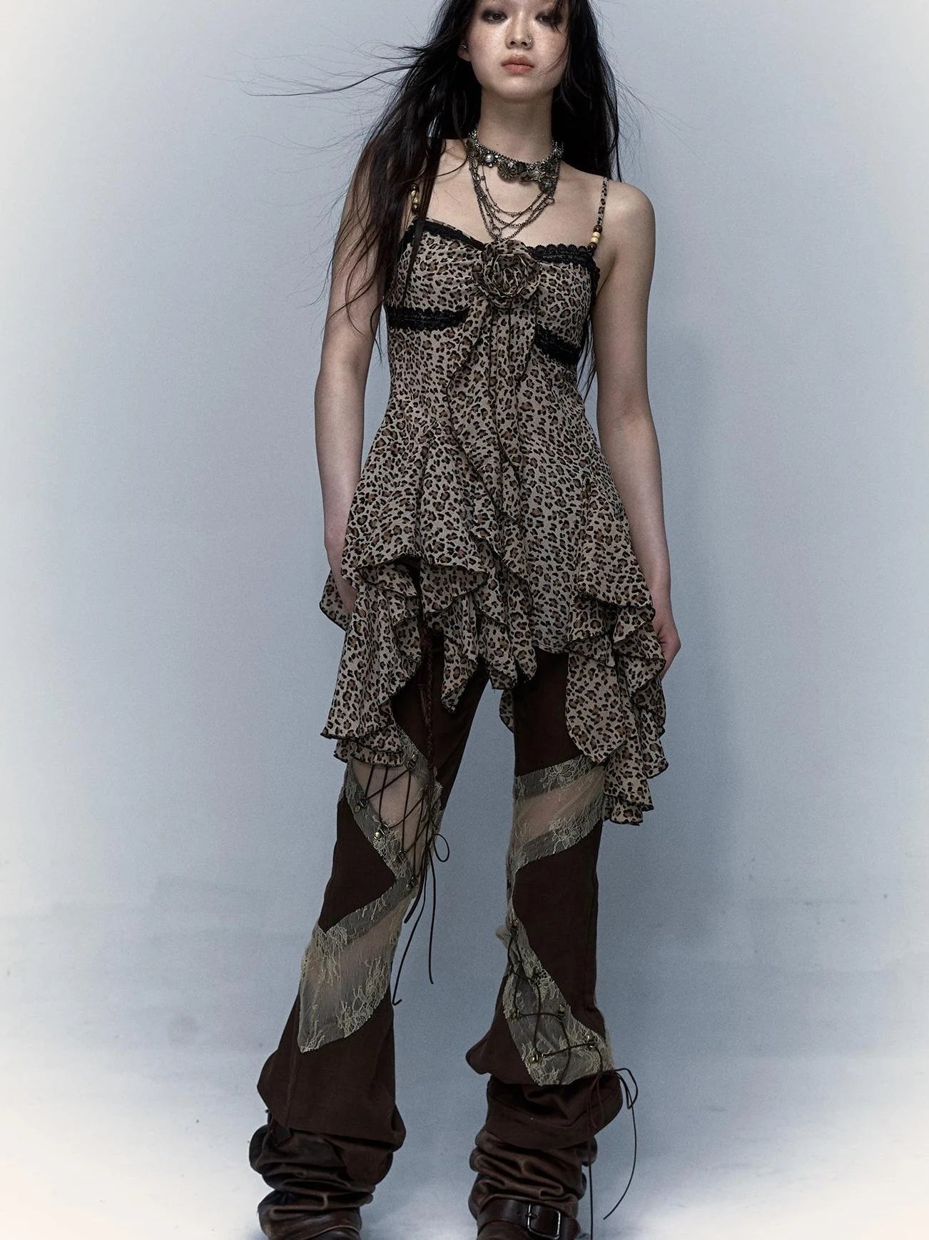 Vintage Y2K Floral Leopard Print Asymmetrical Dress