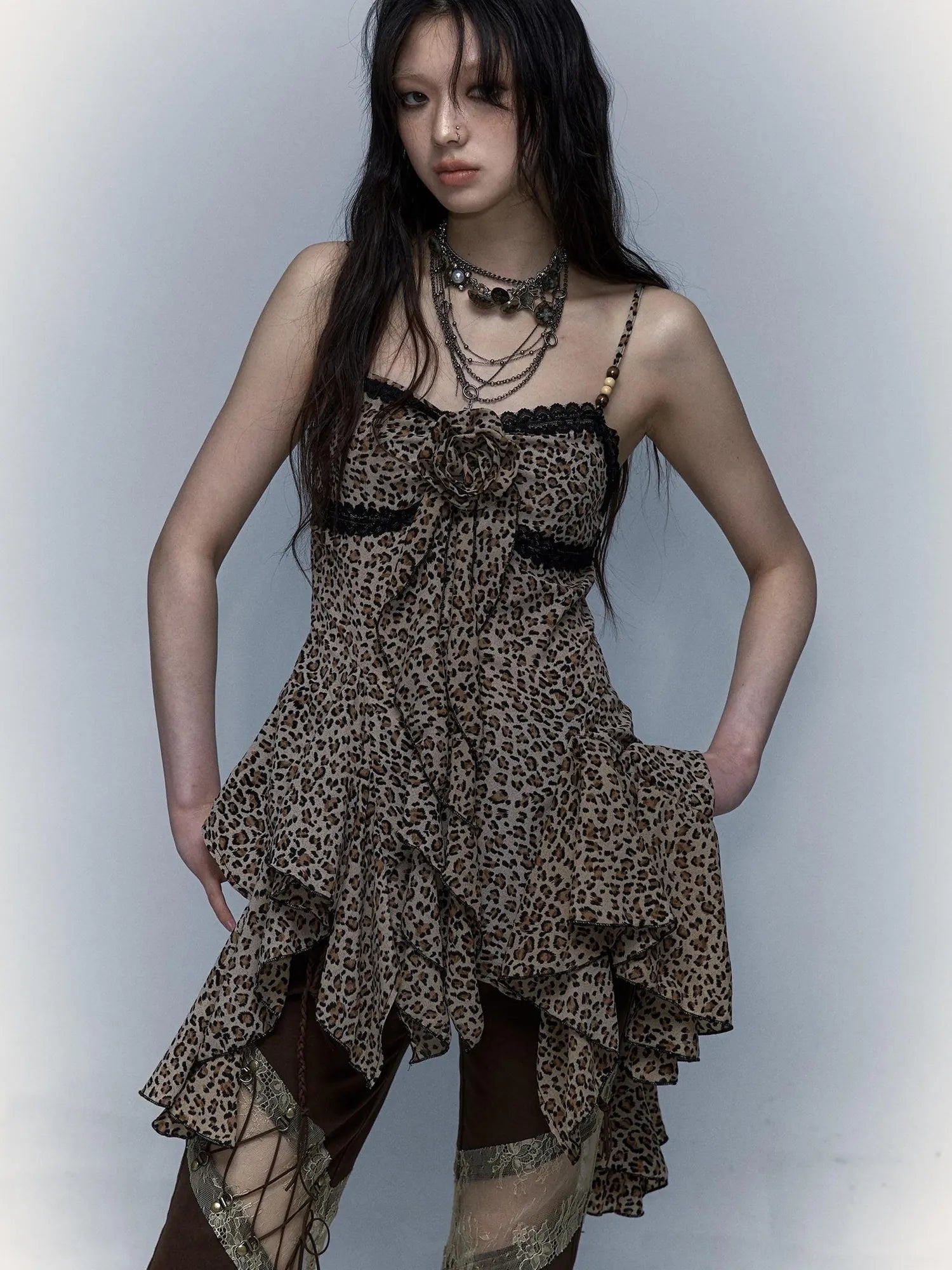 Vintage Y2K Floral Leopard Print Asymmetrical Dress