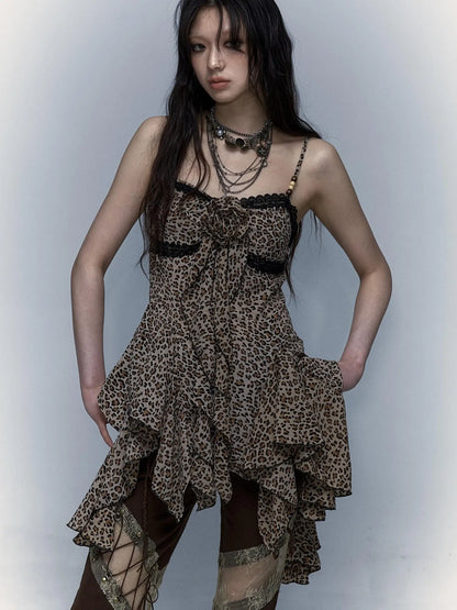 Vintage Y2K Floral Leopard Print Asymmetrical Dress