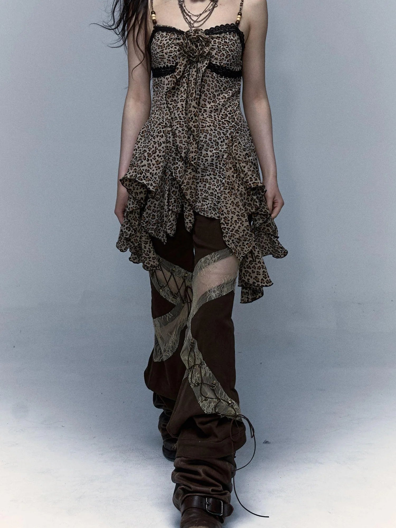 Vintage Y2K Floral Leopard Print Asymmetrical Dress