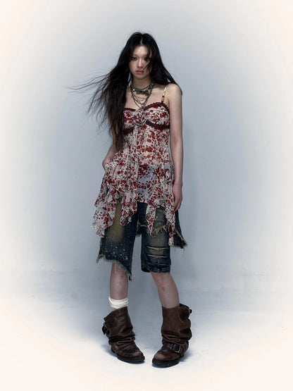 Vintage Y2K Floral Leopard Print Asymmetrical Dress