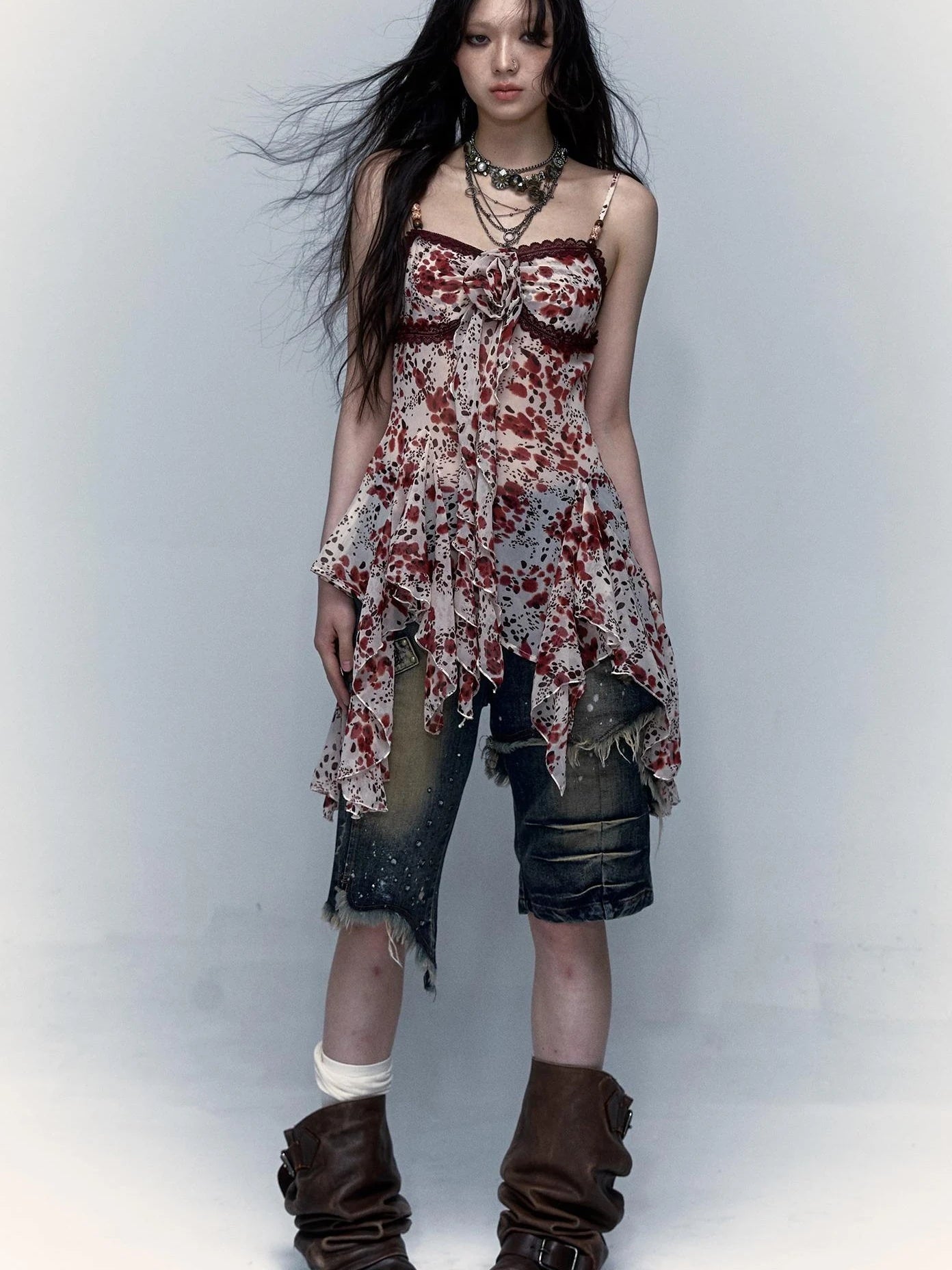 Vintage Y2K Floral Leopard Print Asymmetrical Dress