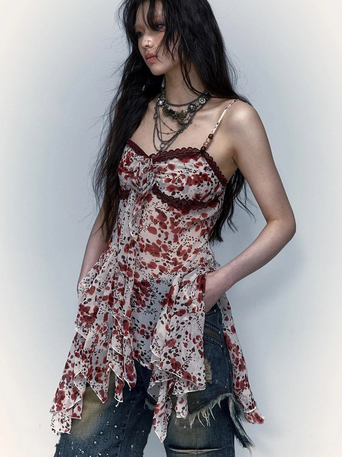 Vintage Y2K Floral Leopard Print Asymmetrical Dress