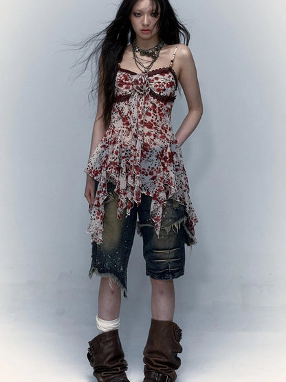 Vintage Y2K Floral Leopard Print Asymmetrical Dress