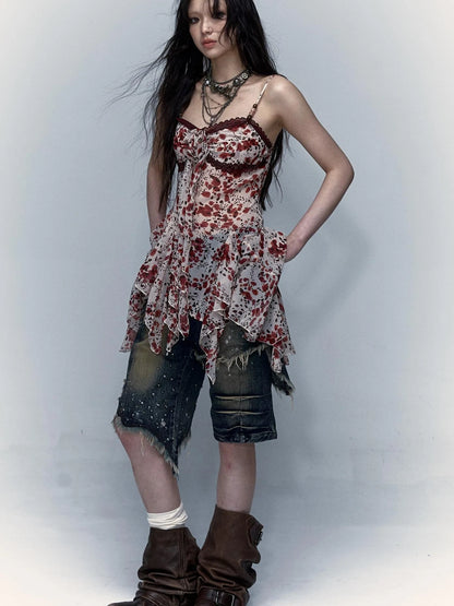 Vintage Y2K Floral Leopard Print Asymmetrical Dress