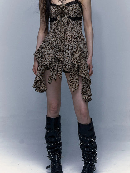 Vintage Y2K Floral Leopard Print Asymmetrical Dress