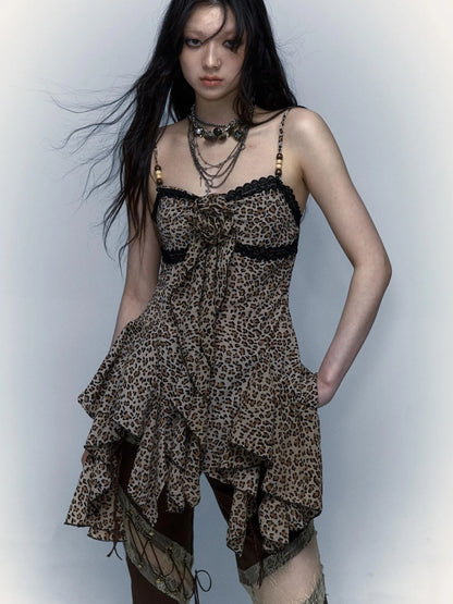 Vintage Y2K Floral Leopard Print Asymmetrical Dress