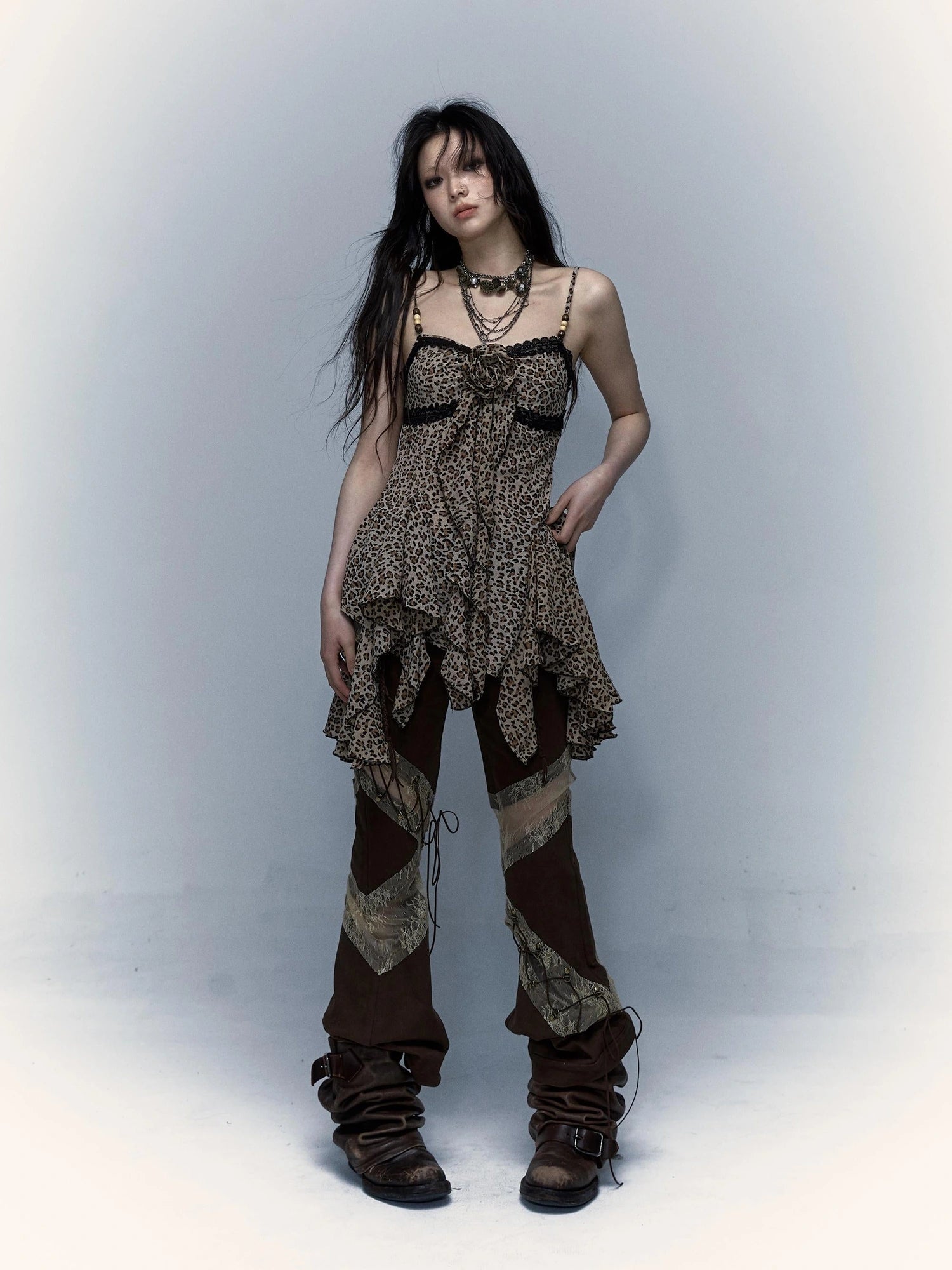 Vintage Y2K Floral Leopard Print Asymmetrical Dress