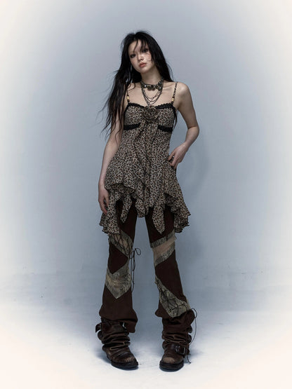 Vintage Y2K Floral Leopard Print Asymmetrical Dress