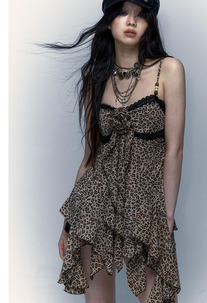 Vintage Y2K Floral Leopard Print Asymmetrical Dress
