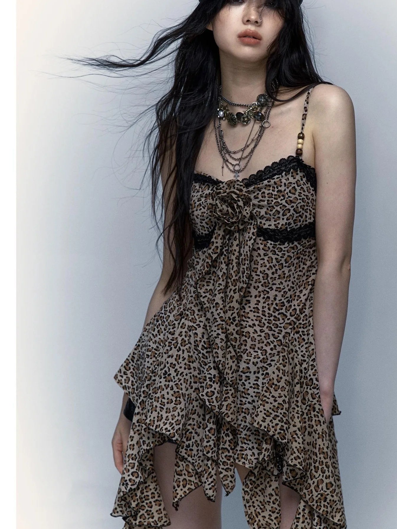 Vintage Y2K Floral Leopard Print Asymmetrical Dress