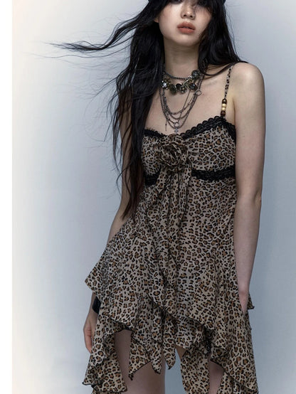 Vintage Y2K Floral Leopard Print Asymmetrical Dress