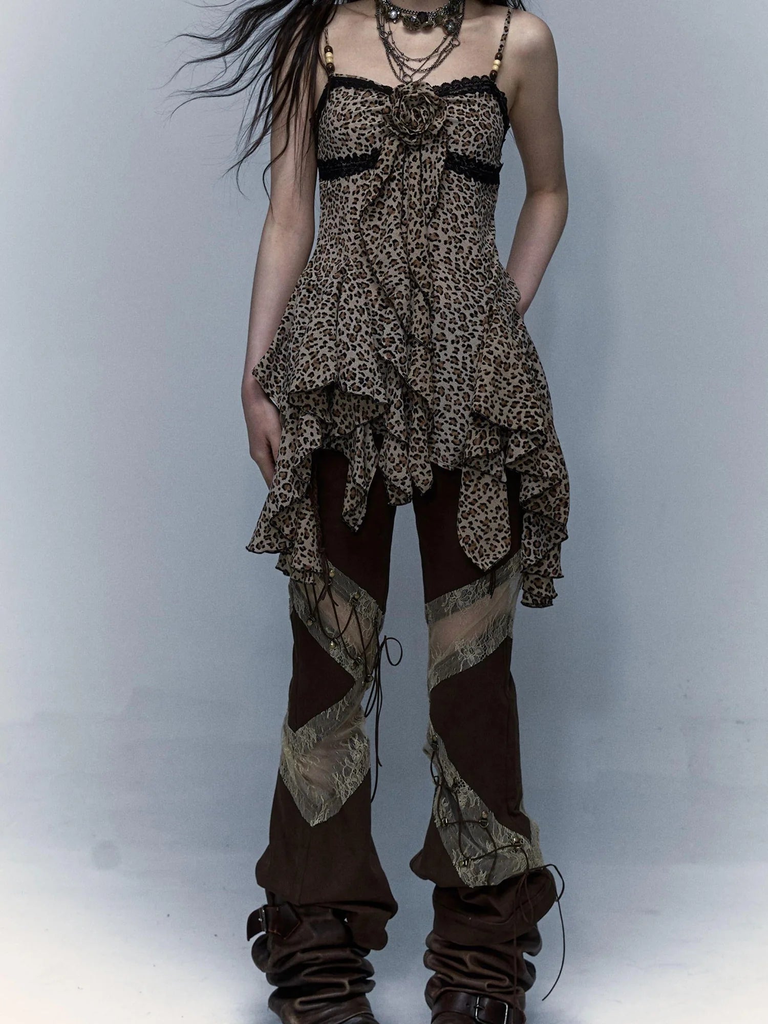 Vintage Y2K Floral Leopard Print Asymmetrical Dress