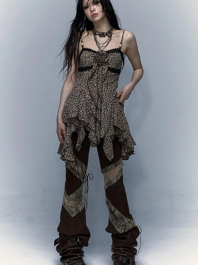 Vintage Y2K Floral Leopard Print Asymmetrical Dress