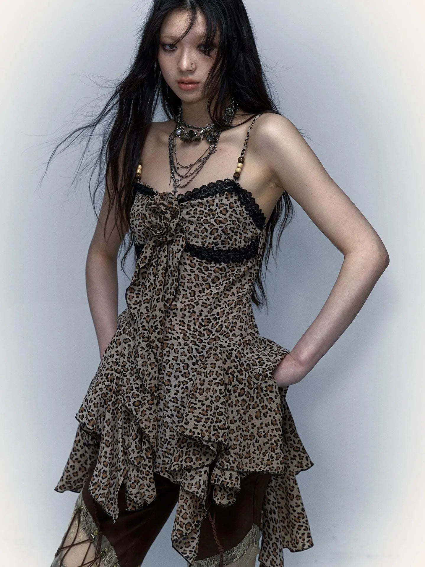 Vintage Y2K Floral Leopard Print Asymmetrical Dress