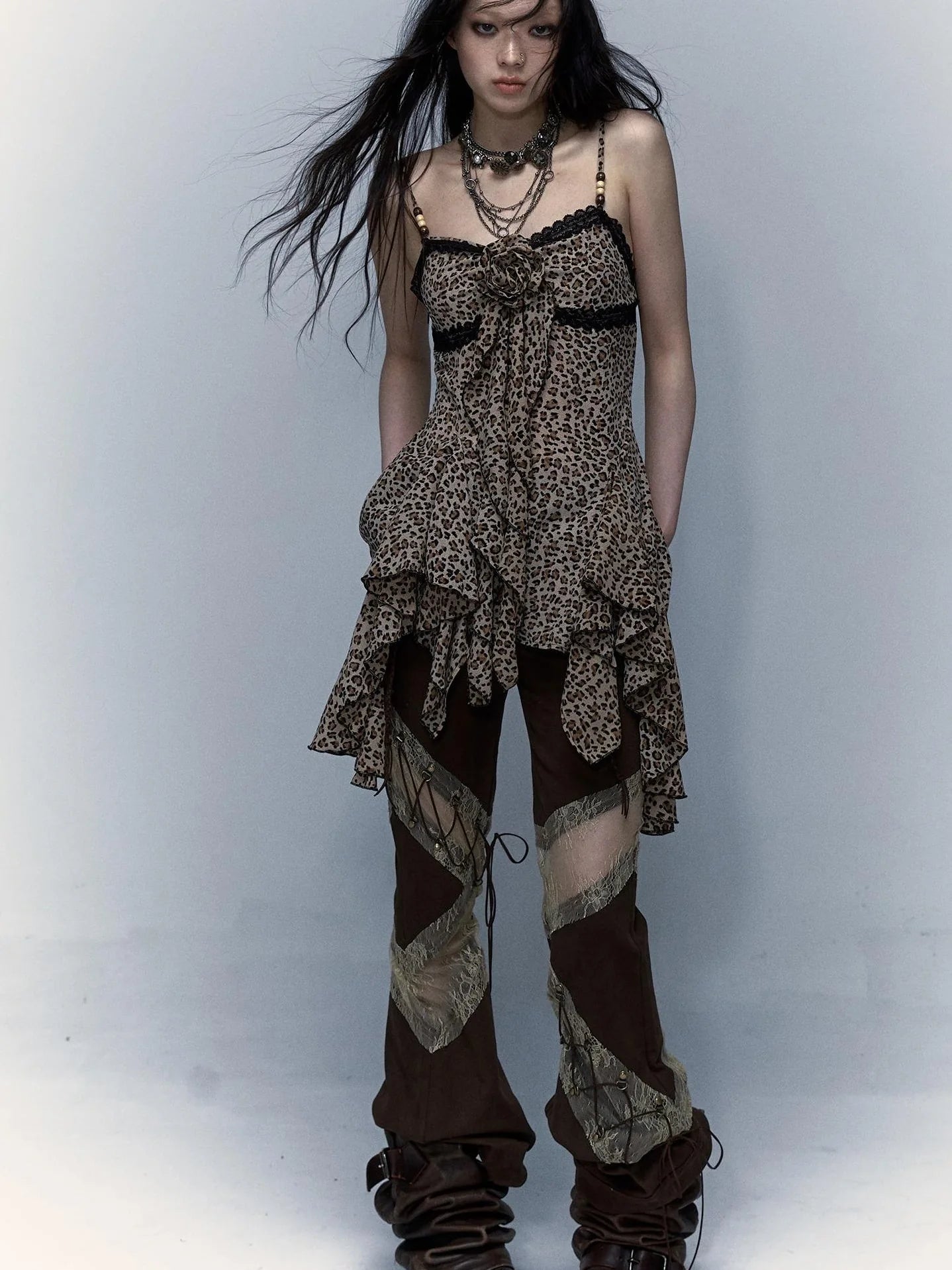 Vintage Y2K Floral Leopard Print Asymmetrical Dress