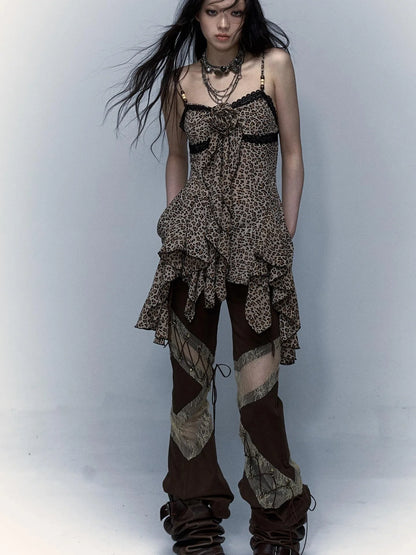 Vintage Y2K Floral Leopard Print Asymmetrical Dress