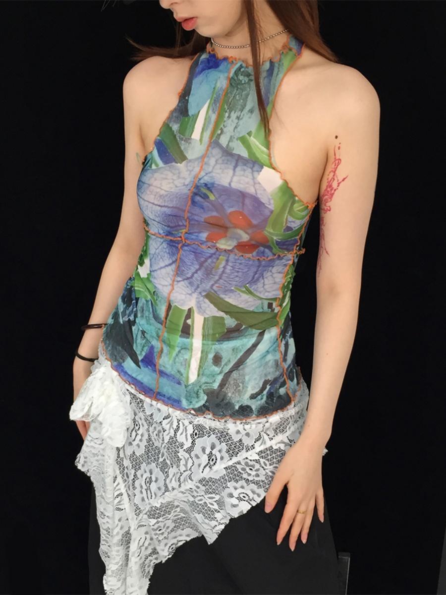 Vintage Y2K Mesh Sleeveless Print Vest Top