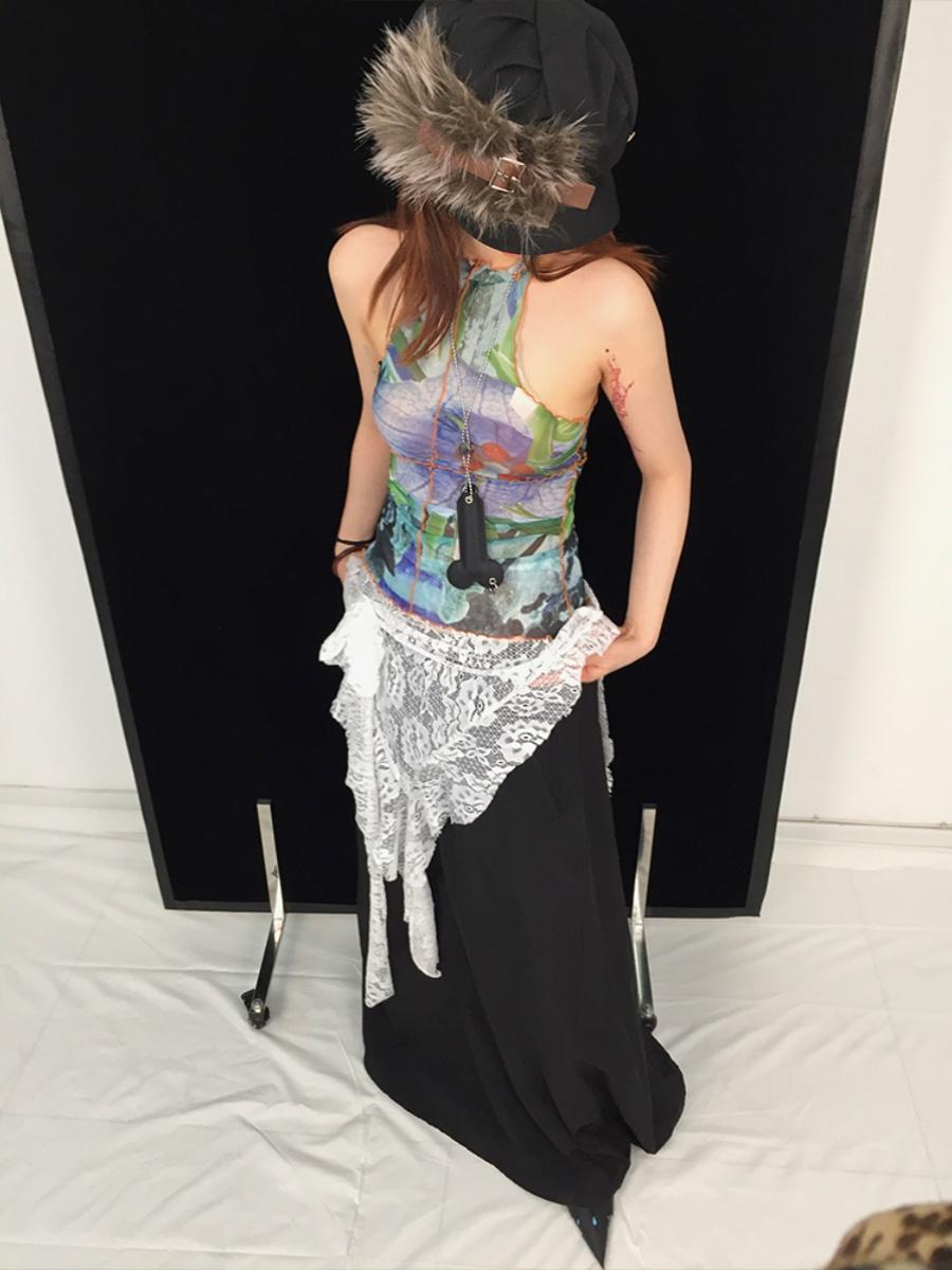 Vintage Y2K Mesh Sleeveless Print Vest Top