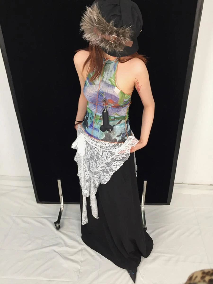 Vintage Y2K Mesh Sleeveless Print Vest Top