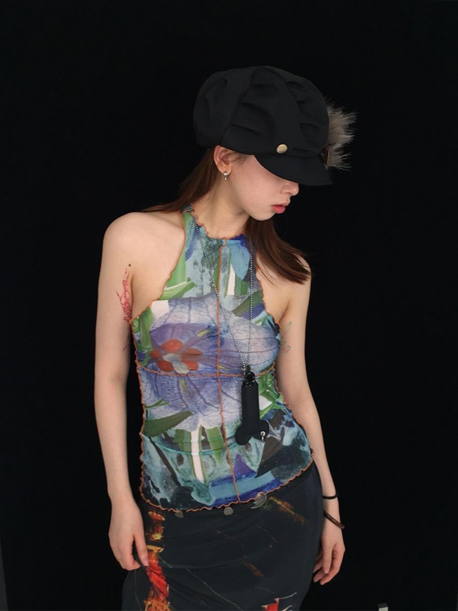 Vintage Y2K Mesh Sleeveless Print Vest Top