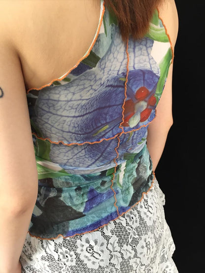 Vintage Y2K Mesh Sleeveless Print Vest Top