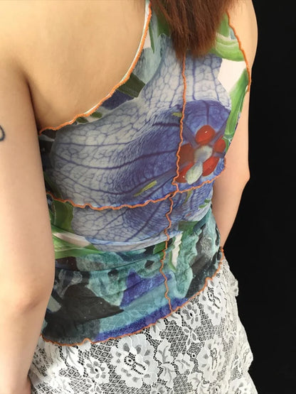 Vintage Y2K Mesh Sleeveless Print Vest Top