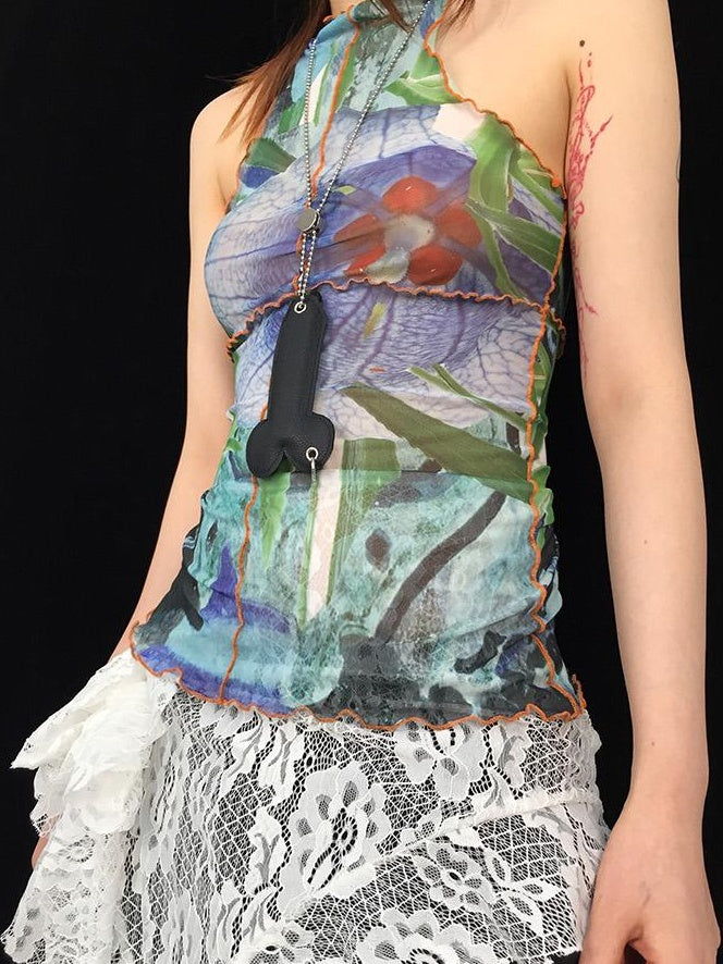 Vintage Y2K Mesh Sleeveless Print Vest Top