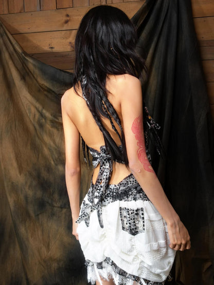 Vintage Y2k Leopard Chiffon Backless Layered Bustier