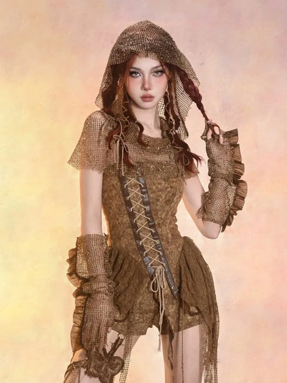 Virtual Orbit Asymmetric Distressed Denim Bustier Top