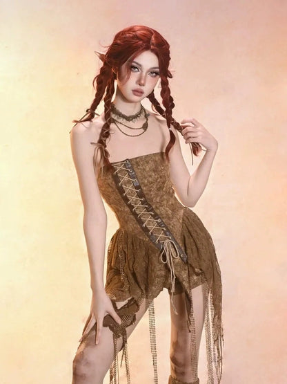 Virtual Orbit Asymmetric Distressed Denim Bustier Top