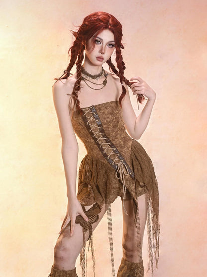 Virtual Orbit Asymmetric Distressed Denim Bustier Top