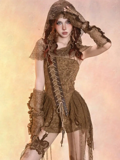 Virtual Orbit Asymmetric Distressed Denim Bustier Top