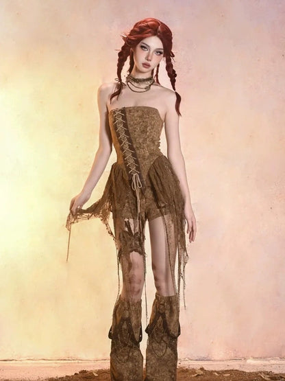 Virtual Orbit Asymmetric Distressed Denim Bustier Top