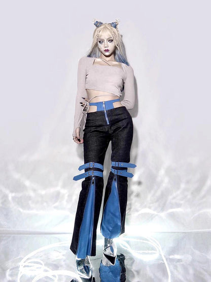 Virtual Orbit Asymmetric Gray Knit Top With Waist Tie