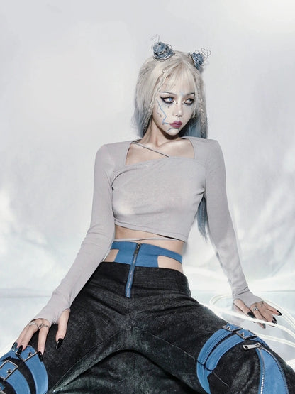 Virtual Orbit Asymmetric Gray Knit Top With Waist Tie