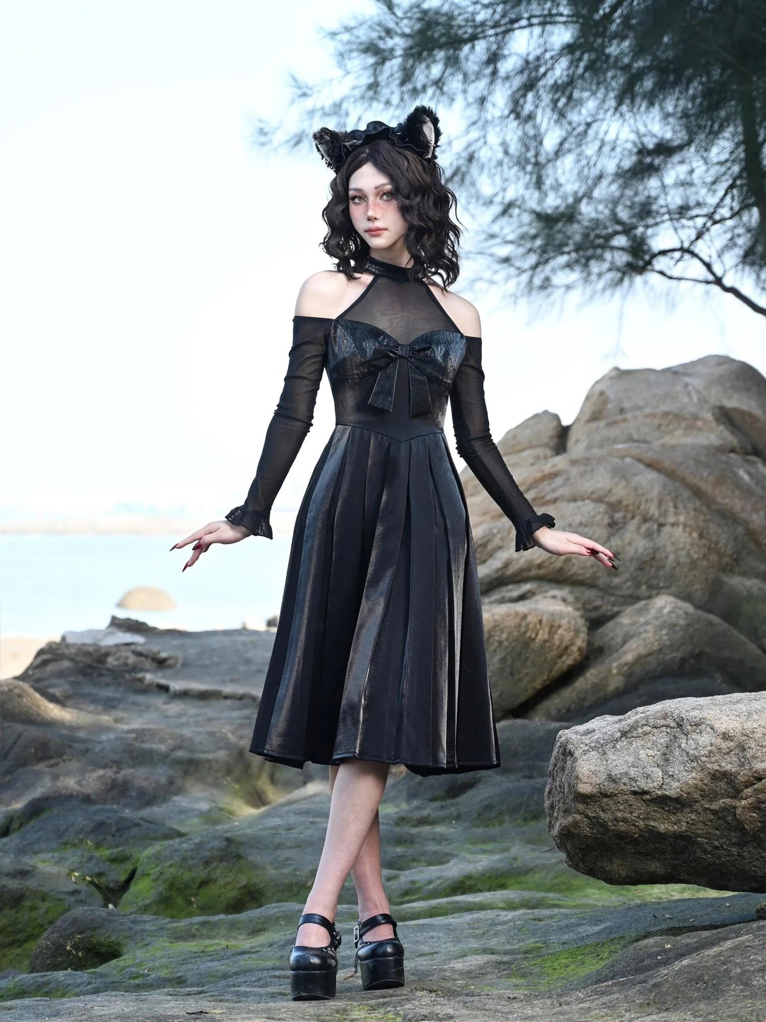 Virtual Orbit Black And White Audrey Halter Neck Leather Mini Dress