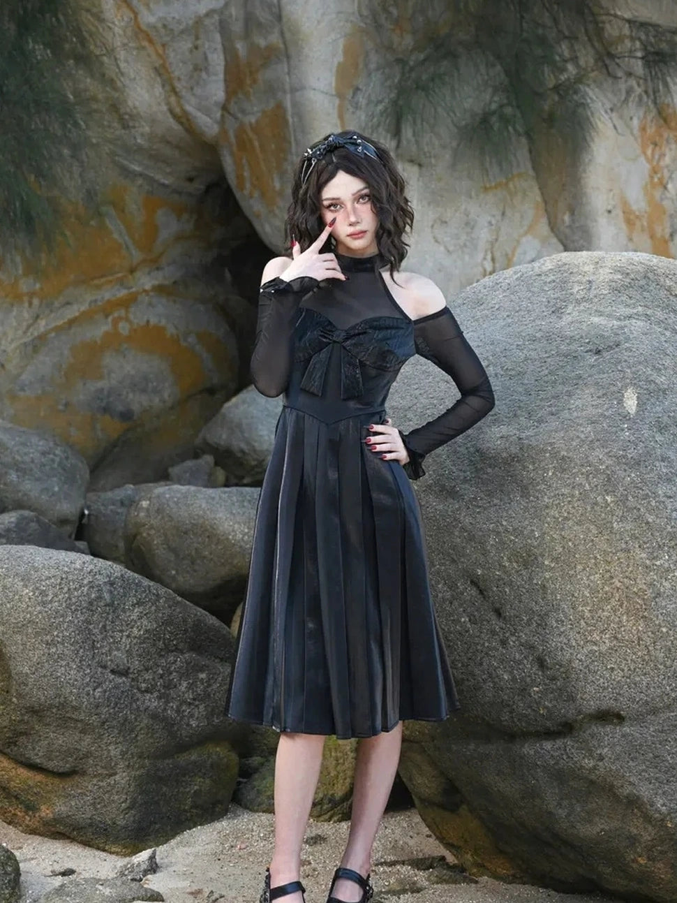 Virtual Orbit Black And White Audrey Halter Neck Leather Mini Dress