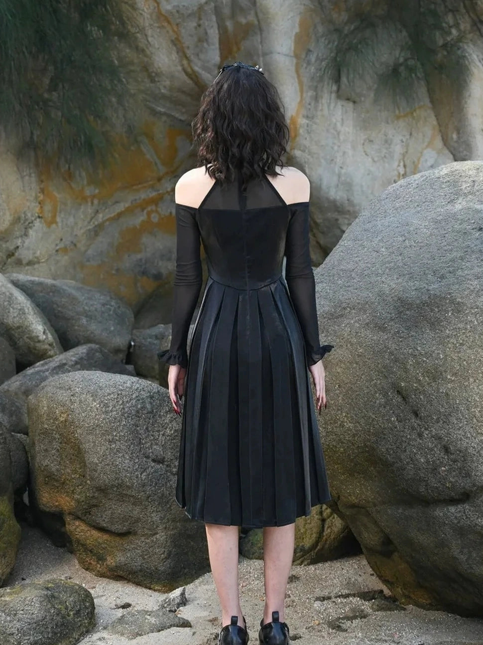 Virtual Orbit Black And White Audrey Halter Neck Leather Mini Dress