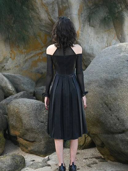 Virtual Orbit Black And White Audrey Halter Neck Leather Mini Dress