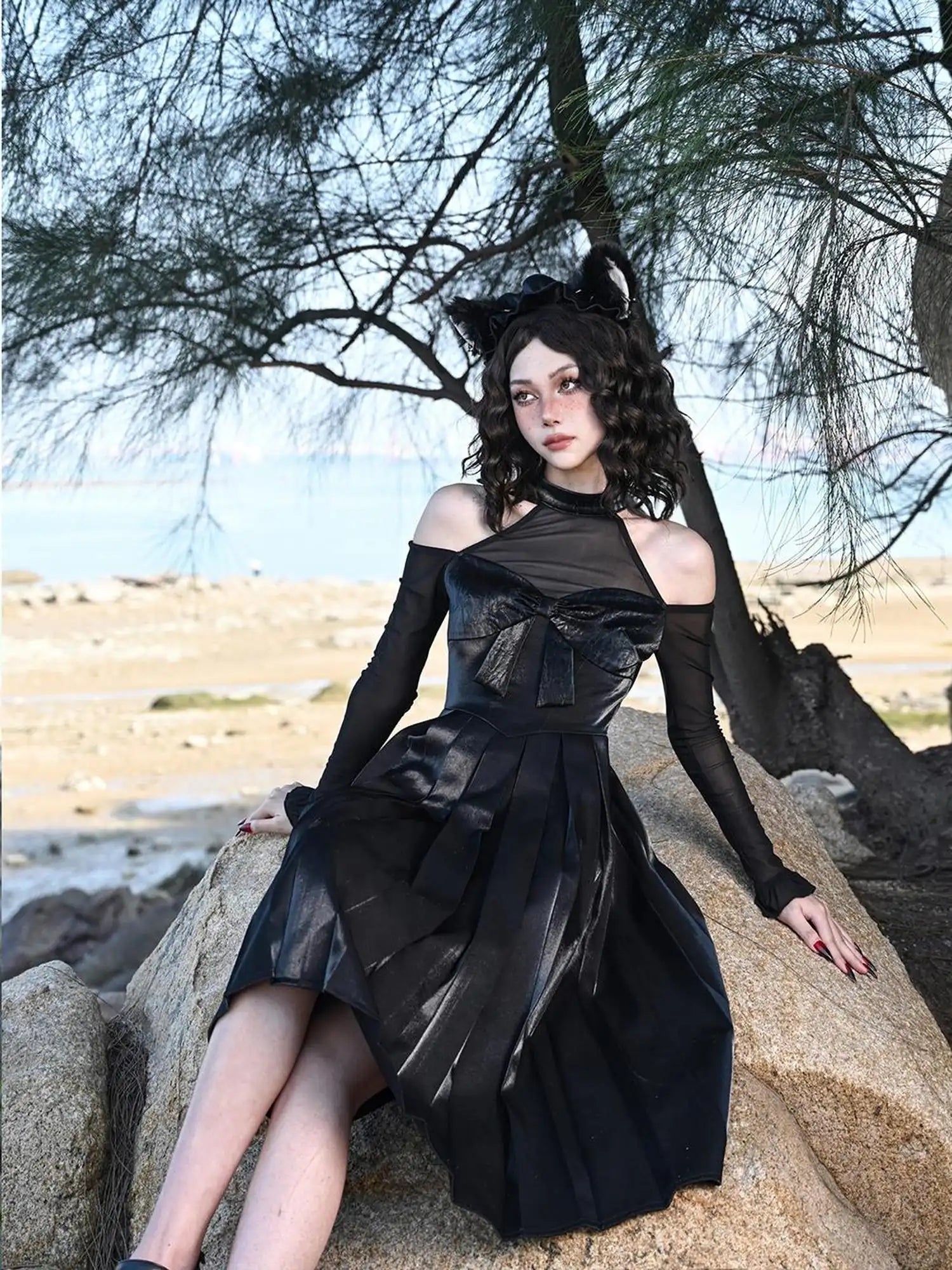 Virtual Orbit Black And White Audrey Halter Neck Leather Mini Dress