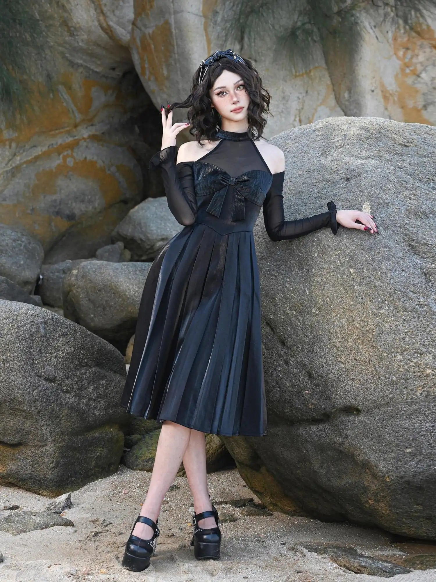 Virtual Orbit Black And White Audrey Halter Neck Leather Mini Dress